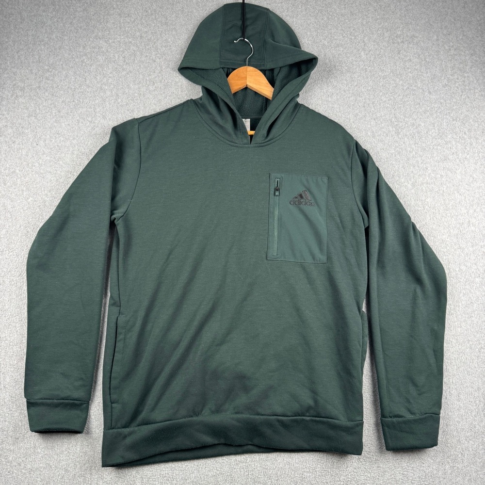 Adidas Hoodie Mens L Pullover Green Zippered Chest Pocket Logo Fleece